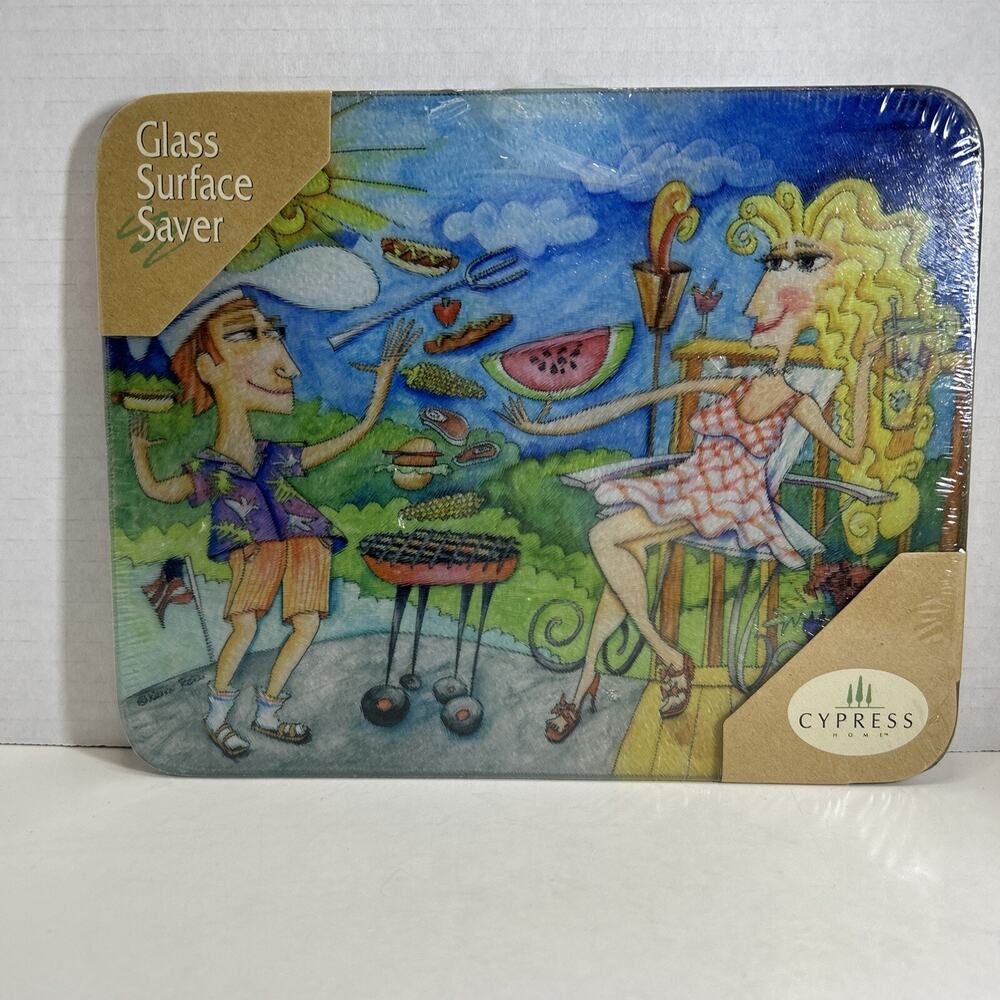 Karen Rossi Art Counter Glass Cutting Board/Surface Saver-Barbecue Design 10"×8"